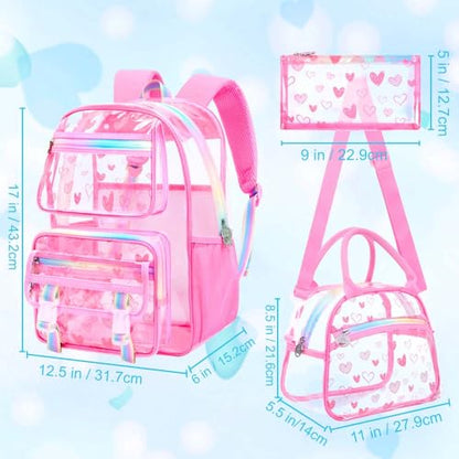 KLFVB 3PCS Clear Backpack Heavy Duty, Girls See Through School Bag Set, Cute Transparent Bookbag for Women - Heart Love Pink - color: Heart Love Pink Clear Backpack