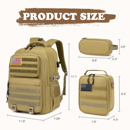 Camo Backpack for Boys, Tactical Boys Backpack with Lunch Box Pencil Case, Kids Backpacks with USB Charging Port, Military Army School Bookbag for Teen Boy Elementary Middle High School Camp - color: Brown
