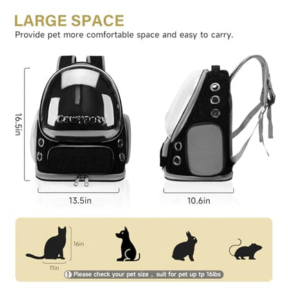 Cawypety Cat Backpack Carrier, Breathable Cat Carrier Large Space Bubble Pet Backpack for Kitty Small Dog up to 12lbs, Transparent & Foldable Pet Carrier for Travel Hiking (Black - color: Black