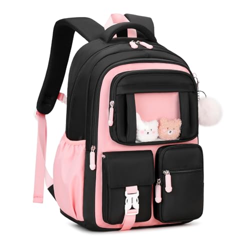 Kids Backpack for Girls School Bags for Middle School Students Book Bag for Elementary Primary Kawaii Ita Backpack, Black and Pink - color: Black and Pink
