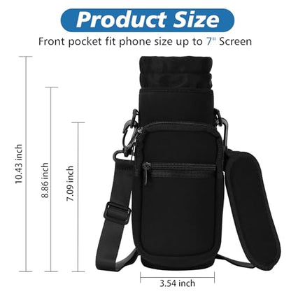 AceTreker 32 40 oz Water Bottle Carrier with Strap, Neoprene Water Bottle Sleeve Bag with 2 Pockets Insulated Flask Sling Holder for Walking Hiking Gym - color: A1. Black