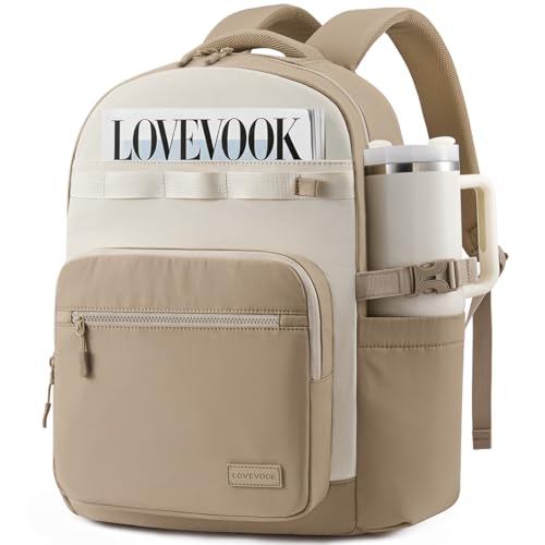 LOVEVOOK Laptop Backpack for Women with 40oz Tumbler Holder, Lightweight School Backpack Fits 15.6 Inch Laptop, Cute College Backpack for Work, Travel & Daily Commute - color: Khaki/White, size: 15.6 Inch