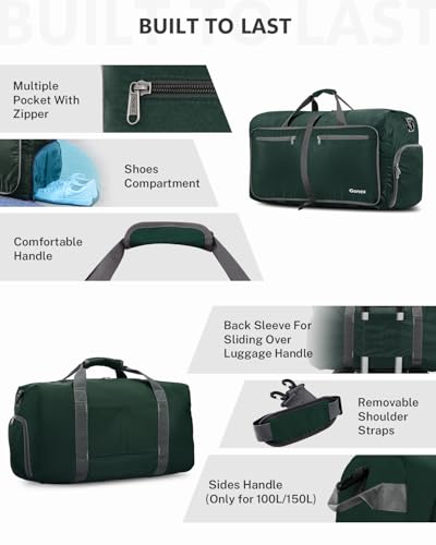 Gonex Large Foldable Travel Duffle Bag with Shoes Compartment, Packable Lightweight Water Repellent Duffel Bag for Camping Gym Weekender Bag - color: Dark Green, size: 80L