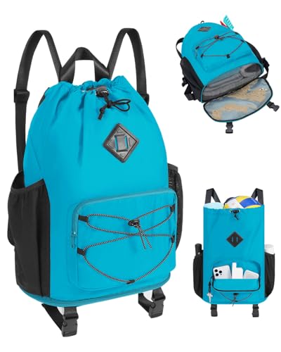 WANDF Drawstring Backpack with Removable Wet Pocket, Sandproof Beach Backpack with Bottom Compression Strap for Beach Mat, Swim Bag for Pool, Gym, Travel and Workout Gear (Teal) - color: Teal