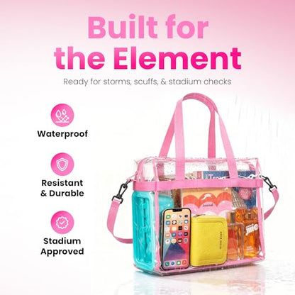 Handy Laundry Clear Bag 12x6x12 Stadium Approved - Transparent Tote Zippered Top & Shoulder Straps for Work, Sports, Concerts - color: Pink