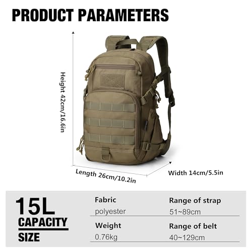 Mardingtop Small Tactical Backpack,Molle Hiking Backpack for Backpacking,Cycling and Biking,15L/25L Backpack - color: Khaki, size: 15L