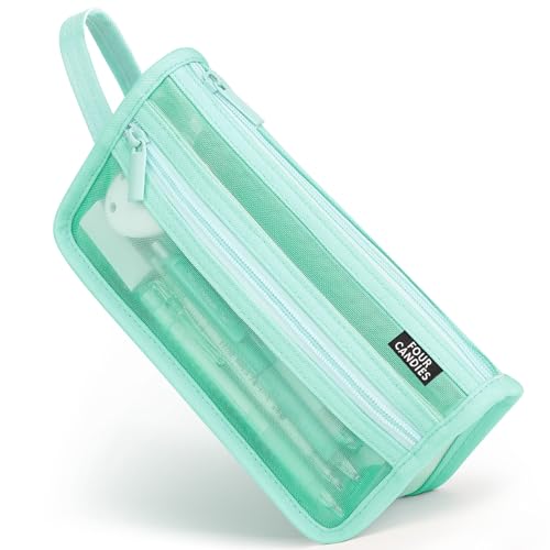 Four Candies Grid Mesh Pencil Case, Double-Layer, Clear, with Handle | Cute Stationary, Marker Organizer, Makeup Bag, Transparent Mesh, Smooth Zipper, Travel Friendly, for Adult Office College - color: Green