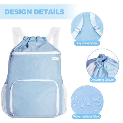 BAVELOE Drawstring Backpack with Wet Pocket & Shoe Compartment, Water-Resistant Sports Gym Swim String Bag for Women Men(Sky Blue)