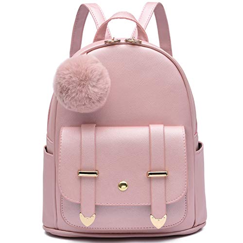 I IHAYNER Girls Fashion Backpack Mini Backpack Purse for Women Teenage Girls Purses PU Leather Pompom Backpack Shoulder Bag - color: Gold Pink