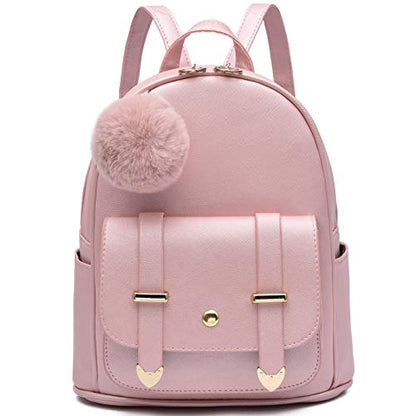 I IHAYNER Girls Fashion Backpack Mini Backpack Purse for Women Teenage Girls Purses PU Leather Pompom Backpack Shoulder Bag - color: Gold Pink