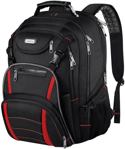 18.4 '' Laptop Backpack for Men,Women,55L Extra Large Travel Laptop Backpack with USB Charger Port,Headphone Hole,Chest Strap,TSA Friendly Flight Approved RFID Anti-theft Water Resistant Rugby Pocket - color: Blackred, size: 18.4inch