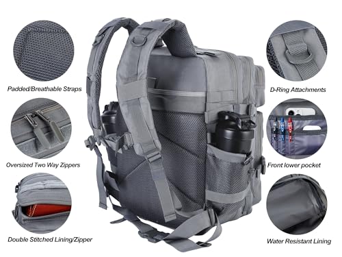 LHI Military Tactical Backpack for Men and Women 45L Army 3 Days Assault Pack Bag Large Rucksack with Molle System - Grey - color: Grey
