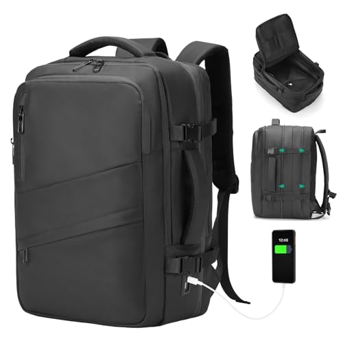 Travel Backpack for Men, 18 Inch Carry on Laptop Backpack with USB A/C Port, 40L Expandable TSA Flight Approved Bag Pack, Black, Black - color: Black