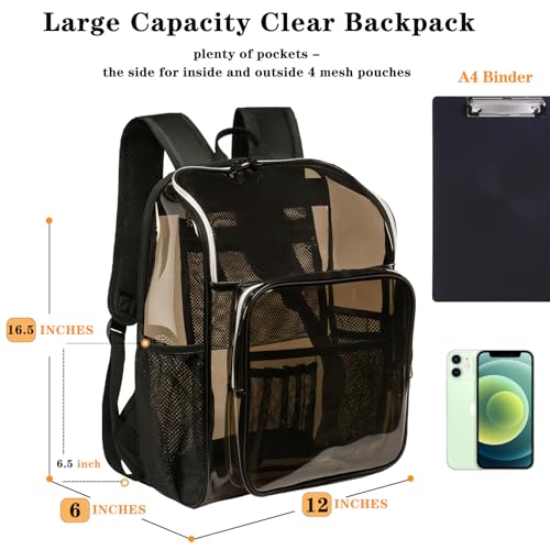 Clear Backpacks for School Large Clear Bookbag with Multi-Pockets PVC Transparent Backpack for College, Amber - color: Amber-1pack