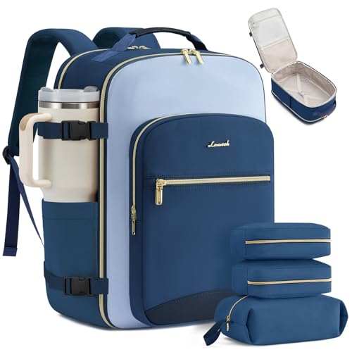 LOVEVOOK 40L Large Travel Backpack for Women, Carry on Backpack Airline Approved, Waterproof Travel Essentials fits 18" Laptop, TSA Personal Item Travels Bag Sports Backpack with 3 Packing Cubes - color: Lagoon Blue-sky Blue-classic Indigo, size: 40L-17.3