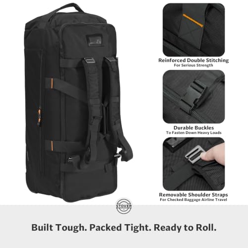STOVER 100L U-Zip Rolling Duffel Bag with Wheels, X-Large Durable Travel Duffle + Toiletry Bag, Lay-Flat Opening, Packable w/Shoulder Straps- Use as Luggage or Backpack, Men/Women (Black) - color: U-Zip Expedition Black