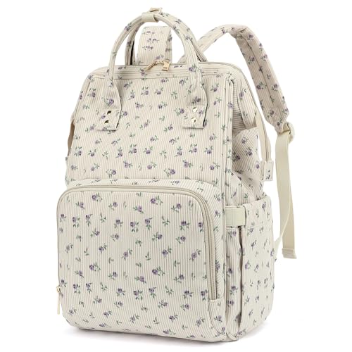 College Laptop Backpack, Travel Backpack for Women, Corduroy Casual Daypack, School Backpack Bookbag for Girls (Beige Corduroy Floral Purple) - color: Beige Corduroy Floral Purple