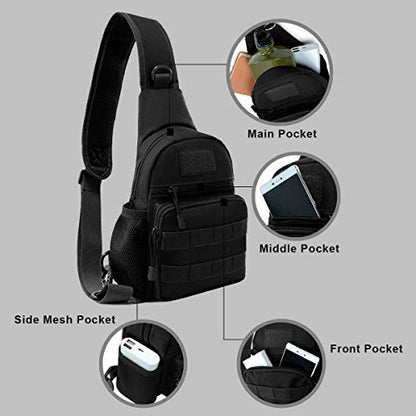 BraveHawk OUTDOORS Sling Chest Bag, 900D Nylon Tactical MOLLE Compact Crossbody Hiking Cycling Pack - color: Black