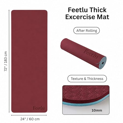 Extra Thick Yoga Mat with Carry Strap, 10mm Non-Slip Exercise Mat, 72 x 24 Inch Cushioned Workout Mat for Yoga, Pilates, Stretching & Floor Exercises - color: Dark Red & Blue Gray