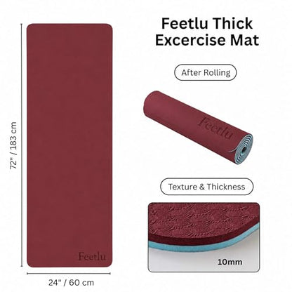 Extra Thick Yoga Mat with Carry Strap, 10mm Non-Slip Exercise Mat, 72 x 24 Inch Cushioned Workout Mat for Yoga, Pilates, Stretching & Floor Exercises - color: Dark Red & Blue Gray