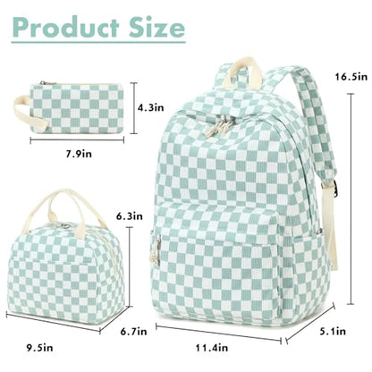 Bluboon School Backpack Set Girls Womens Laptop Bookbag Casual Daypack Fits 15 inch Laptop with Lunch Tote Bag and Pencil Bag - color: Mint Green White Checkered