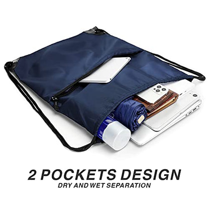 Drawstring Backpack Sports Water Resistant String Bag Sport Gym Sackpack for Women Men Large with Zipper, Navy - color: Navy