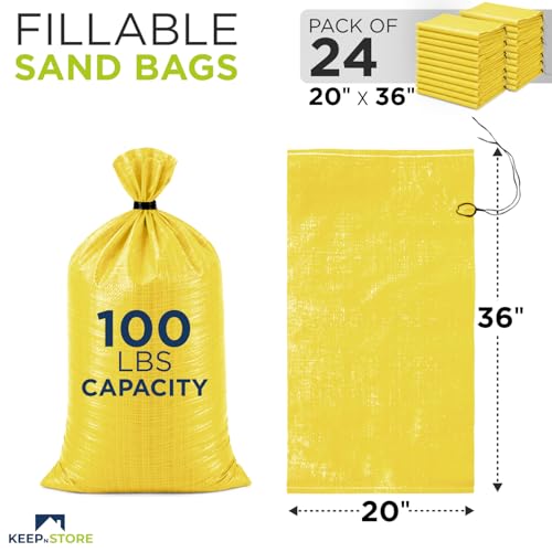 Heavy Duty Sand Bags Pack of 24, Bright Yellow Empty Sandbags with Built-In Ties, Woven Polypropylene UV Protection 1600 Hours, Fillable Bags for Flood Control, Weight, 20x36 inches, 100 Pounds Volume - size: 20"W x 36"L, style: Pack of 24
