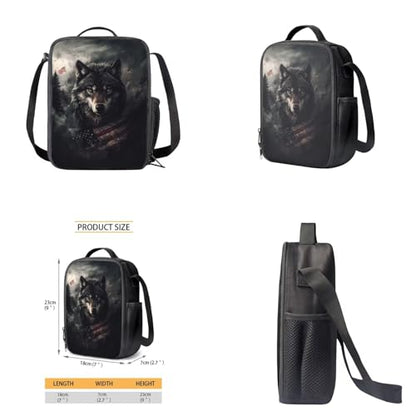 American Flag Wolf Backpack for Kids Boys Backpack with Lunch Box Water Bottle Bag and Soft Pencil Case 4PCS Set Bookbag with Front Pocket for School 17" Sturdy School Bag with Side Pocket - color: American Flag Wolf