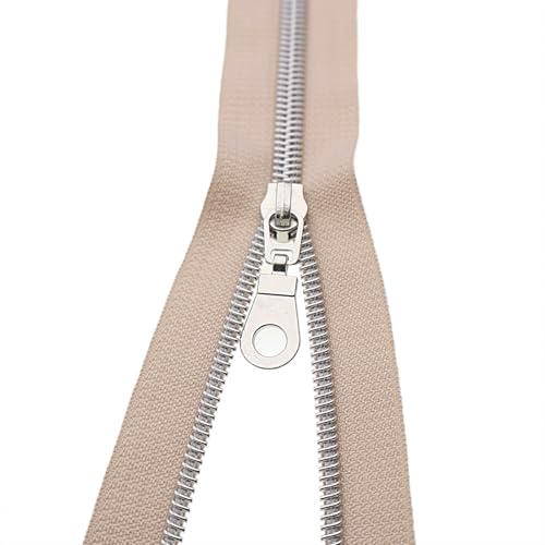 #5 Silver Metallic Nylon Coil Zipper by The Yard, Bulk 10 Yards Beige Zipper Tape Silver Teeth with 25PCS Silver Zippers Pulls for Sewing, Bags, Purses YIGUANXIN - color: Beige-Silver