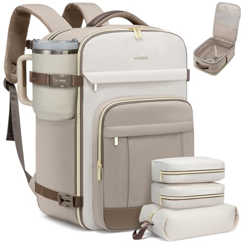 LOVEVOOK 40L Travel Backpack for Women & Men - 17.3 Inch Carry On Backpack & Personal Item Backpack for Airlines, Spacious and Durable Design, with 3 Packing Cubes - color: Khaki-beige-sand Brown, size: Large-40L-4Pcs
