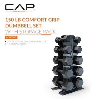 CAP Dumbbell Set with Rack, Rubber Coated Hex Free Weight Set | 100–300 lb Options, Vertical Space-Saving Storage for Home Gym Strength Training - size: 150 lb Set - Black Rack, style: Comfort Handle