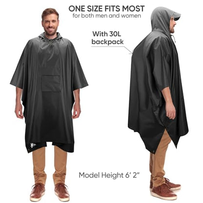 PTEROMY 3-in-1 Hooded Rain Poncho for Adult with Pocket, Waterproof Lightweight Unisex Raincoat for Hiking Camping Emergency - color: Black