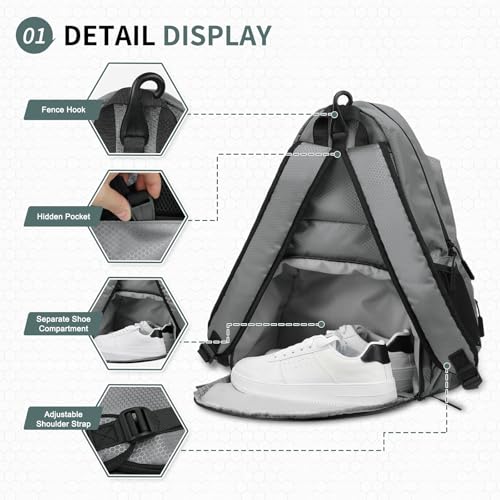 Tennis Backpack for Rackets, Waterproof Tennis Bag with Shoe Compartment, Wet/Dry Pocket, Fence Hook, for Tennis, Pickleball, Badminton - color: Gray