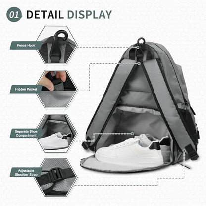 Tennis Backpack for Rackets, Waterproof Tennis Bag with Shoe Compartment, Wet/Dry Pocket, Fence Hook, for Tennis, Pickleball, Badminton - color: Gray