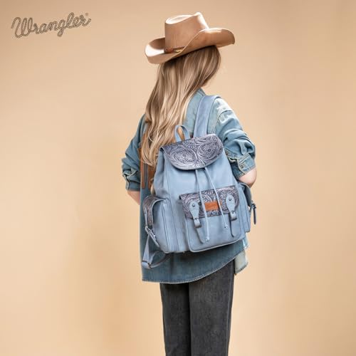 Montana West Wrangler Backpack Purse for Women Men Western Backpack Floral Tooled Travel Bags - color: Carve Jean