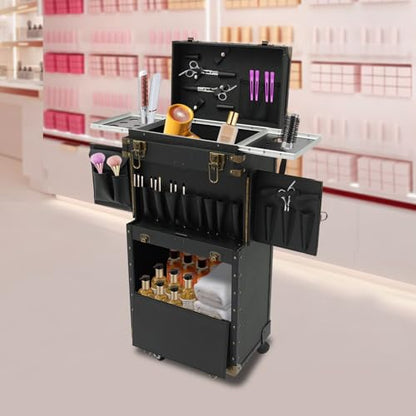 Cosmetic Train Case,Rolling Makeup Train Case,Travel Stylist Case Lockable Hairdressing Trolley,Professional Makeup Case for Make-up Artists - color: Black+Gold