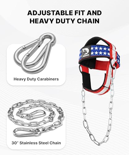 DMoose Fitness Neck Harness for Weight Lifting - Soft Padded Head & Chin Strap with 30" Heavy Duty Steel Chain - Neck Exerciser, Trainer & Strengthener to Support Injury Recovery and Intense Workouts - color: American