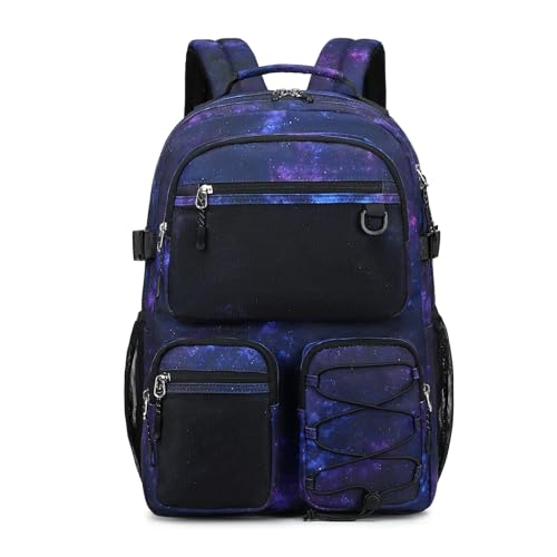 Lohol Multi-Pocket Backpack for Travel College, Heavy Duty Big Bookbag with 15.6 inch Laptop Compartment (Black Purple Galaxy - color: Black Purple Galaxy