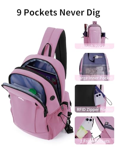 ECOHUB Anti-Theft Crossbody Bag Men Women, RFID Blocking Lightweight Sling Backpack Eco-Friendly with 9 Pockets Sturdy SBS Zippers Water Resistant for Travel Work Hiking Outdoor, Pink - color: Pink