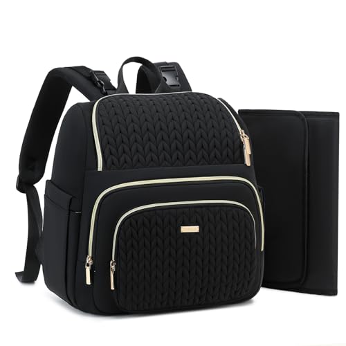 MAPLELILY Large Diaper Bag Backpack, Stylish Baby Travel Diaper Bag, Black | Waterproof lightweight maternity hospital backpack. With changing pad, stroller straps, insulated pocket. Mom, dad, toddler - color: Black