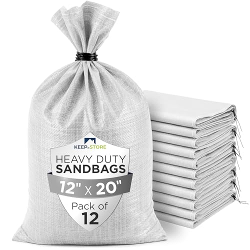 Heavy Duty Sand Bags Pack of 12, White Empty Sandbags with Built-In Ties, Woven Polypropylene UV Protection 1600 Hours, Fillable Bags for Flood Control, Weight, 12x20 inches, 25 Pounds Volume - size: 12"W x 20"L, style: Pack of 12