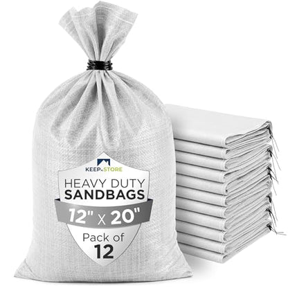 Heavy Duty Sand Bags Pack of 12, White Empty Sandbags with Built-In Ties, Woven Polypropylene UV Protection 1600 Hours, Fillable Bags for Flood Control, Weight, 12x20 inches, 25 Pounds Volume - size: 12"W x 20"L, style: Pack of 12