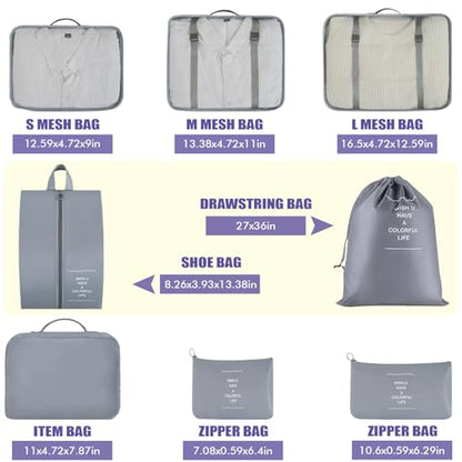 8 Set Packing Cubes For Travel-Travel Essential Carry On Luggage Organizer,Bring Laundry Bag, Shoe Bag, Clothing And Underwear Bag (Grey) - color: Grey