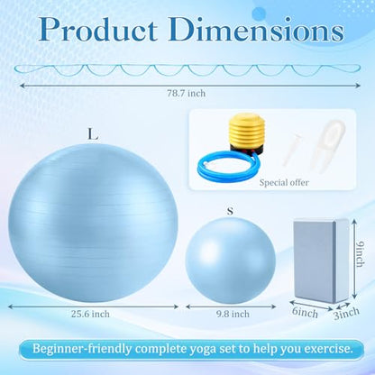 Pilates Set with 2 Yoga Exercise Balls (25.6”&9.8”), Yoga Block, Stretch Strap & Foot Pump, Stability Fitness Ball Kit for Home Gym Equipment Workout Pregnancy Physical Therapy - color: Blue