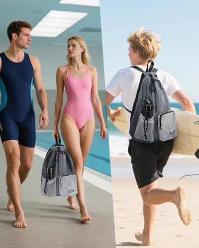 WANDF Swim Bag for Swimmers, Mesh Beach Backpack - color: Grey With 2 Front Pockets, size: Large