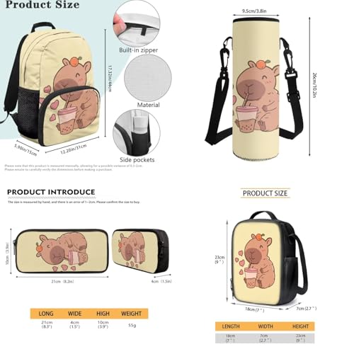JEOCODY Capybara Backpack for School Girls Bookbag with Luncb Box Pencil Case and Water Bottle Holder Set of 4 Boys School Supplies Daypack for Travel Hiking Picnic - color: Cute Capybara Printedd