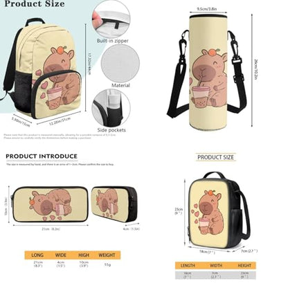 JEOCODY Capybara Backpack for School Girls Bookbag with Luncb Box Pencil Case and Water Bottle Holder Set of 4 Boys School Supplies Daypack for Travel Hiking Picnic - color: Cute Capybara Printedd