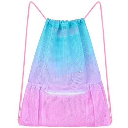 Fiodrimy Mesh Drawstring Backpack Bag Beach Bag with Zipper Pocket Gym Backpack Bag for Swimming Gear Gym Storage Bag for Adult Kids (Pink) - color: Pink