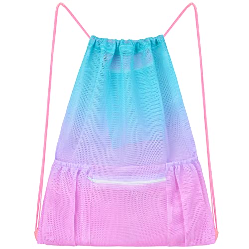 Fiodrimy Mesh Drawstring Backpack Bag Beach Bag with Zipper Pocket Gym Backpack Bag for Swimming Gear Gym Storage Bag for Adult Kids (Pink) - color: Pink