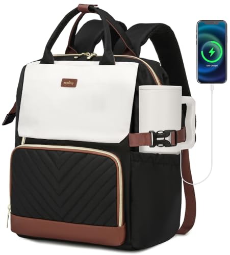 18in Computer Backpack for Women, Work Bag Laptop Bookbag with Cup Holder & USB Charger for Teacher Nurse College Travel Back Pack, Gifts, BlackWhiteBrown - color: Beige Black Brown, size: 18in